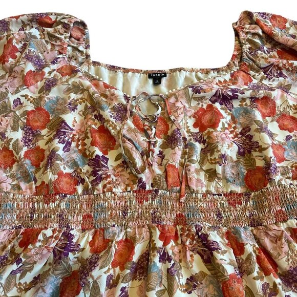 Torrid Colorful Floral Print Blouse Top Shirt Smocked Waist Short Sleeve Size 4x - Picture 2 of 11
